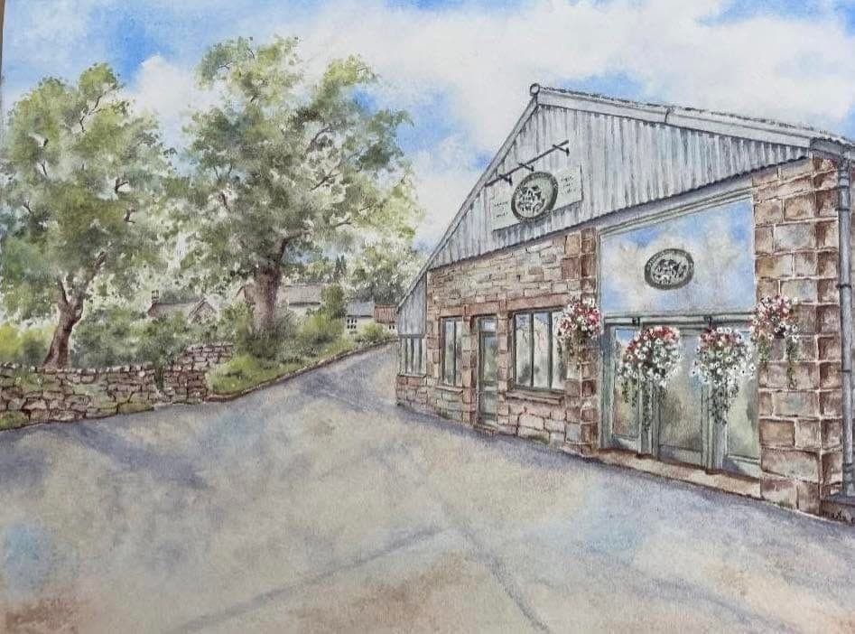 A watercolour painting of Hartington Farm Shop & Café in spring, by local artist Maria Beal